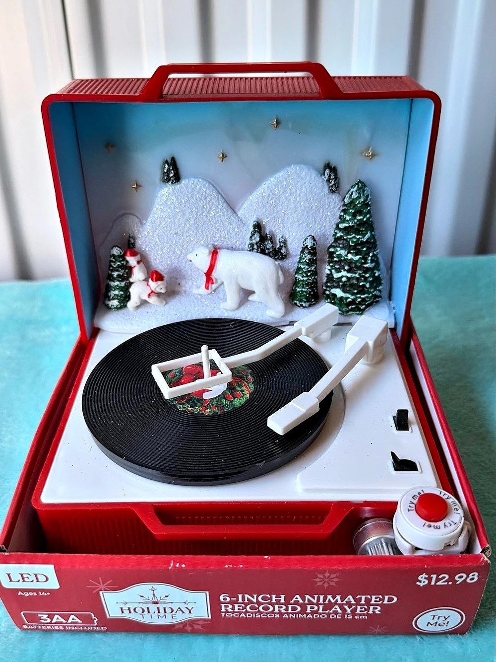 old Holiday Time Animated Light-Up Record Player Figurine w/ Polar Bear, 6in